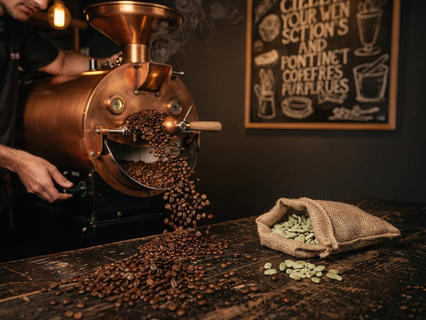 Freshly roasted coffee beans being poured into a ceramic mug