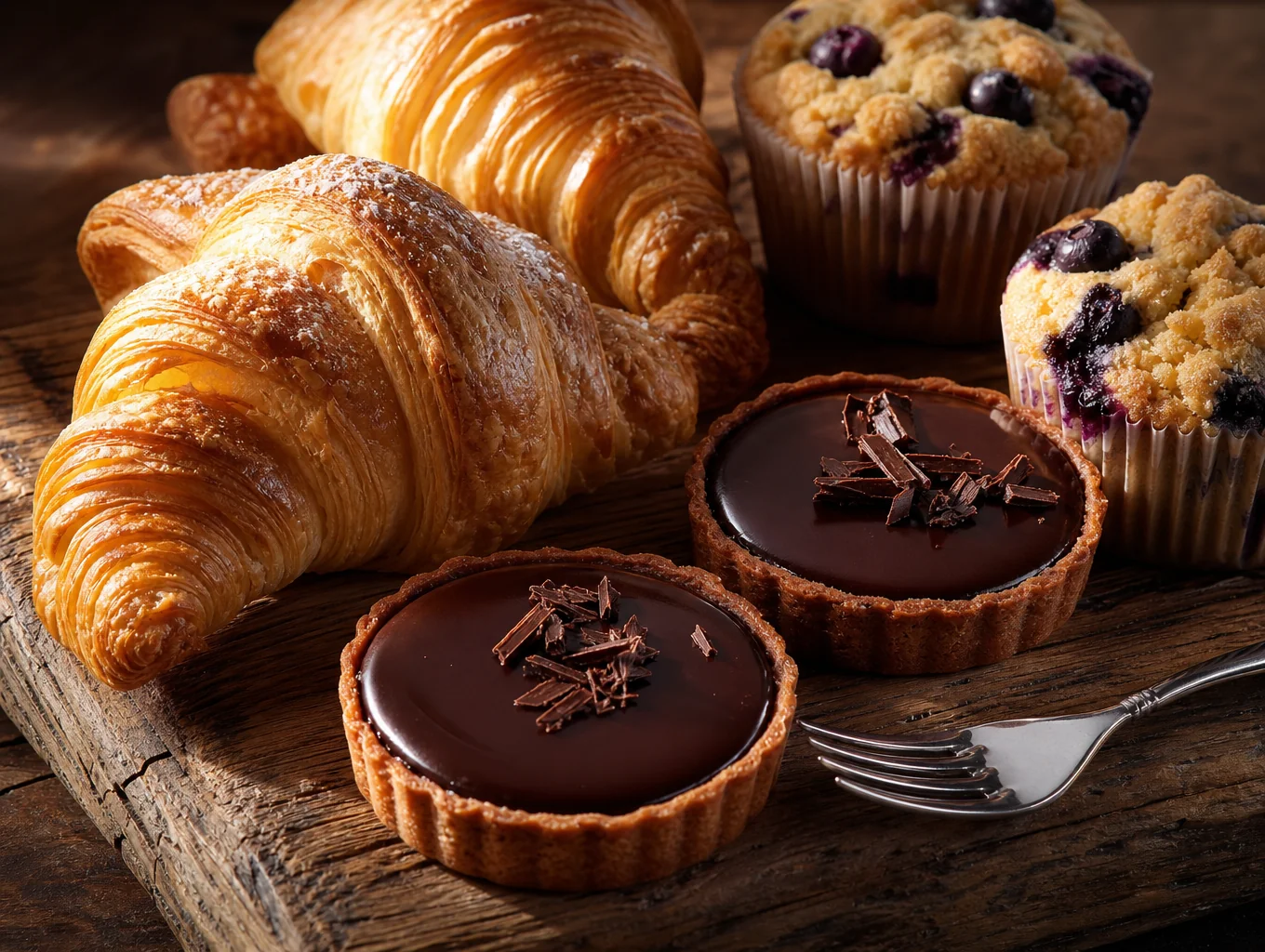 Golden flaky croissants and seasonal fruit tarts on a wooden tray