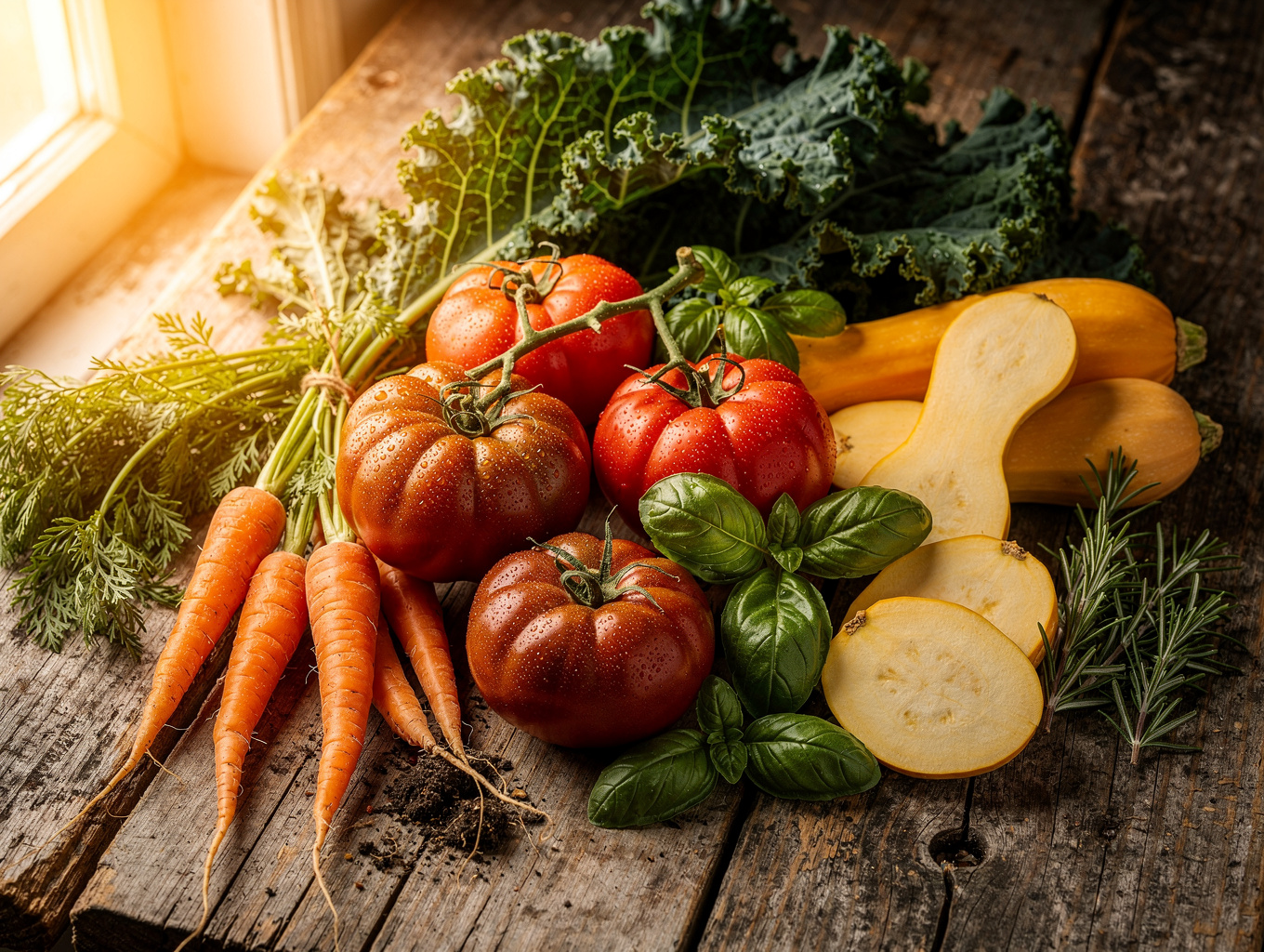 Freshly picked seasonal vegetables and herbs from a local farm